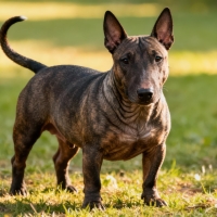 Medium-sized, muscular dog with a distinct brindle coat pattern and erect ears is photographed standing still in an outdoor grassy area bathed in warm, golden sunlight.