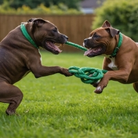 Two playful dogs tugging on a rope in a grassy yard.