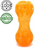 Illuminating Dog Chew Toy ORANGE with Squeaker, Durable Rubber, Dental Cleaners, LEDs for Night/ Low light Fetch, Quality Made with Eco Friendly Materials- For all Size Puppies & Adults- LiteBONE