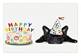 Kids Birthday Pet Mats for Food and Water by Ambesonne, Sleepy French Bulldog Party Cake with Candles Cone Hat Celebration Image, Rectangle Non-Slip Rubber Mat for Dogs and Cats, Multicolor